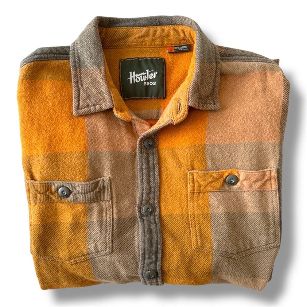 Howler Brothers Harker’s Heavy Flannel Shirt Plaid Orange and Gray Men’s large
